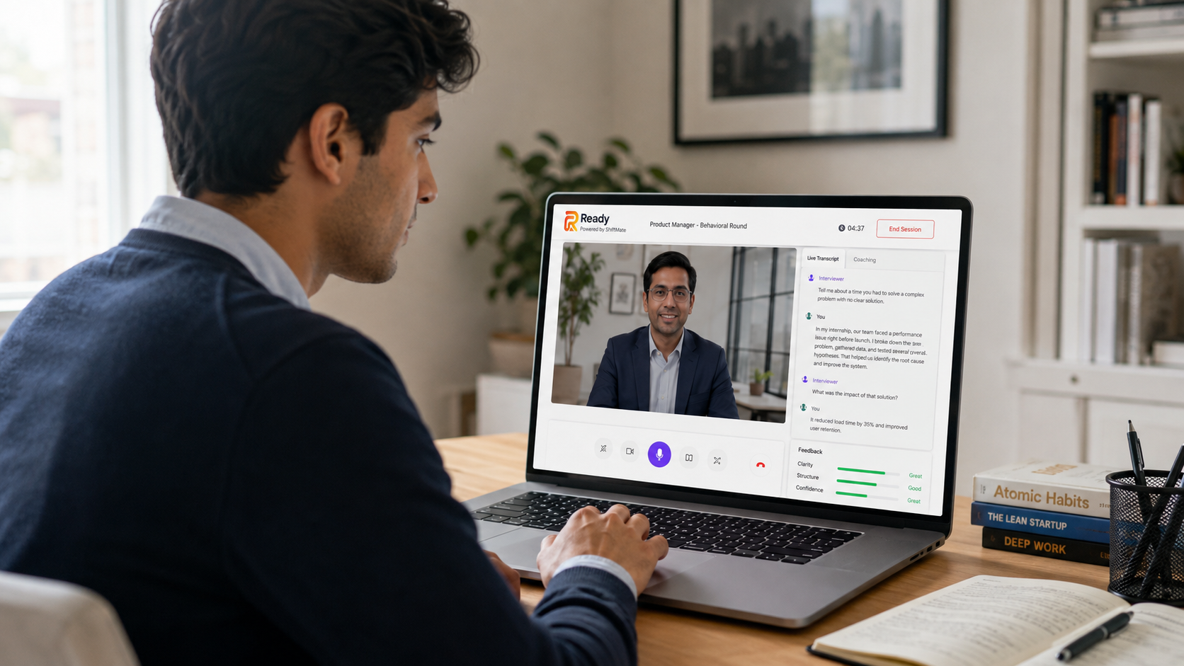 A candidate practising a live Ready interview on a laptop
